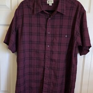 Haggar Button Down Maroon Plaid Short Sleeve Shirt Size L